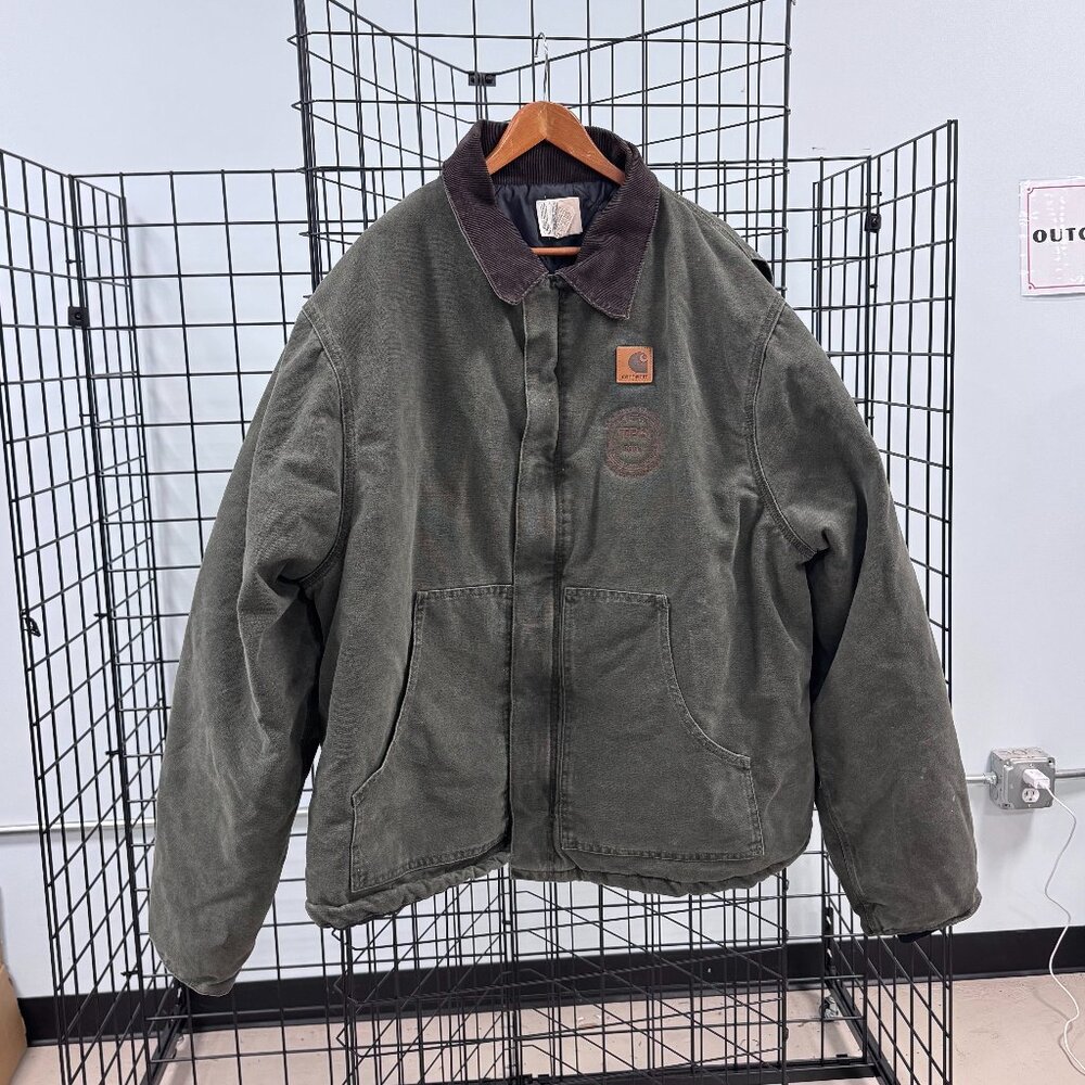 Men's 3XLTall Carhartt Green Coat Corduroy Collar Quilted Black Lining Work Coat